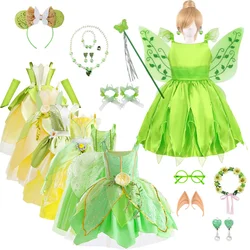 Tinker Bell Dress for Girls Princess Costume Kids Cosplay Green Flower Fairy Wings TinkerBell Carnival Party Birthday Clothes