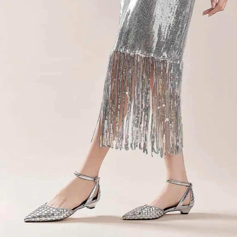 

Роскошные женские сандалии Weave, туфли на каблуке с острым носком, новинка лета 2025, трендовые массивные платья, брендовые женские вечерние туфли-лодочки Sandalias Mujer