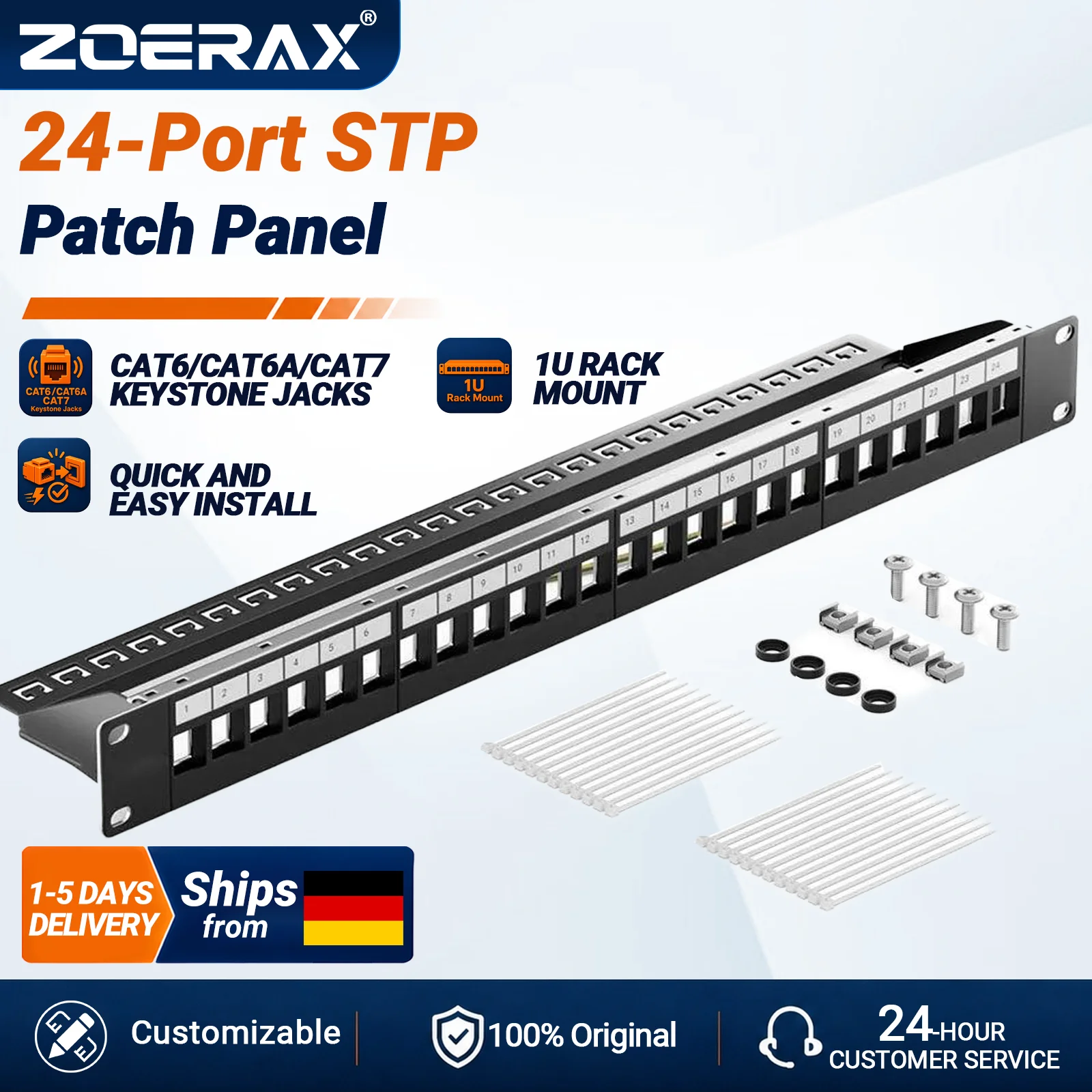 

ZoeRax 24-Port RJ45 Shielded Blank Patch Panel 1U 19" Network Patch Panel with Cable Management and Support Bar