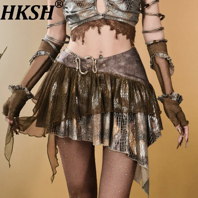 HKSH Women Short Skirt Niche Asymmetric Ruffled Printed Patchwork Mesh Versatile Retro Vintage Y2K Ins Hot Skirts Summer HK22156