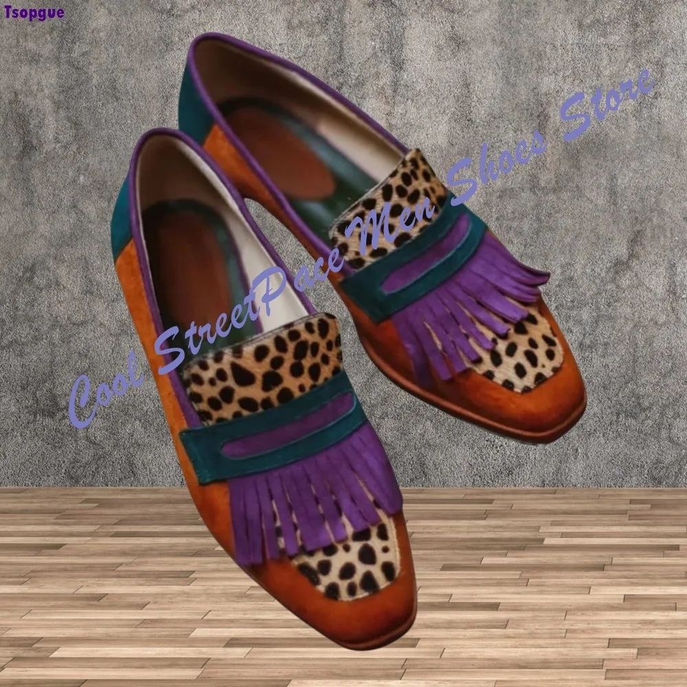 Men Color Block Tassel Loafers Square Toe Leopard Print Patchwork Slip On Casual Leather Dress Shoes Vintage Party Footwear