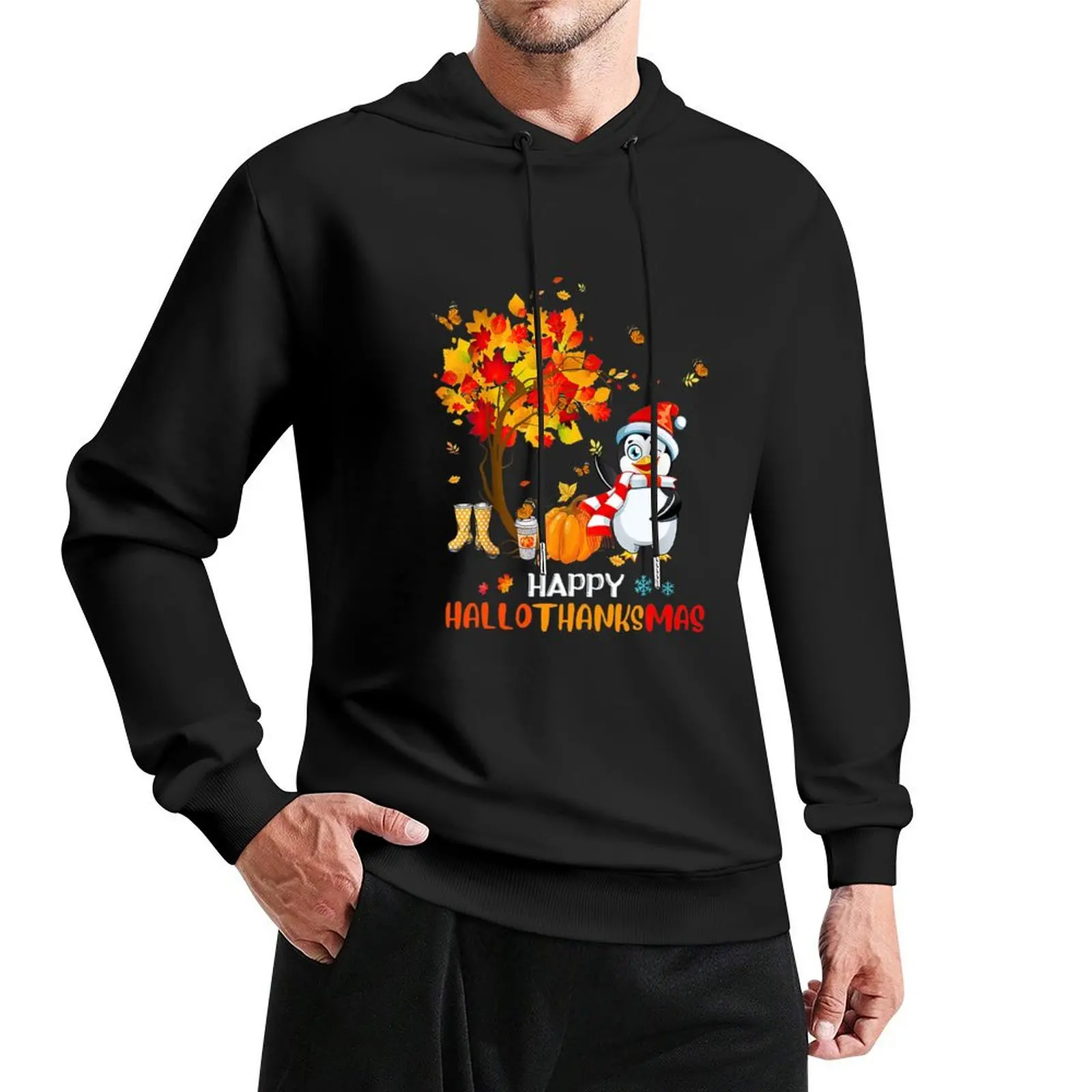 

Penguin Halloween And Merry Christmas Happy Hallothanksmas Pullover Hoodie men clothing male clothes men's coat pullover hoodies