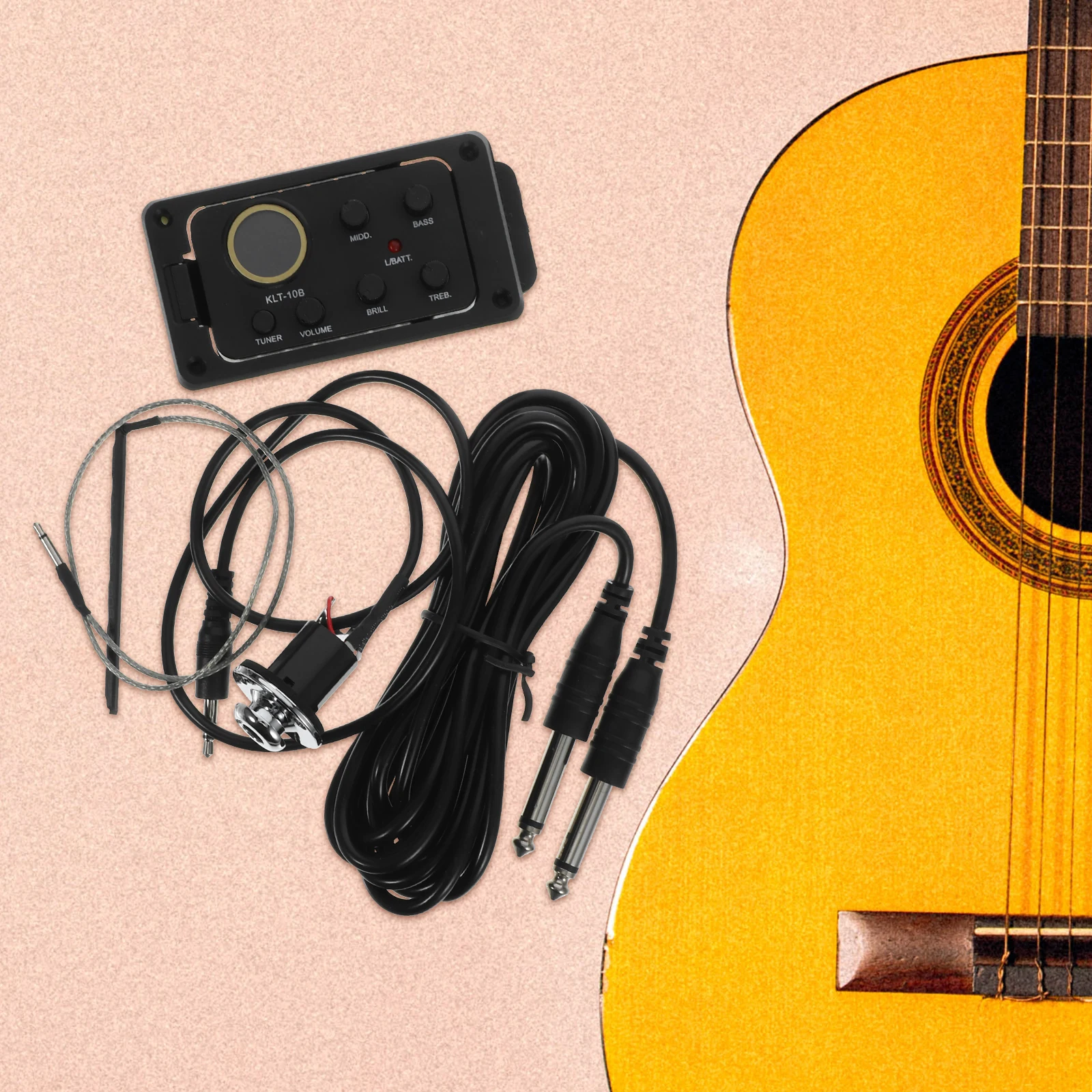 

4 Band Acoustic Folk Preamp Equalizer Piezo Pickup System Bass Middle Treble Brill Volume Tuner Power Button Low