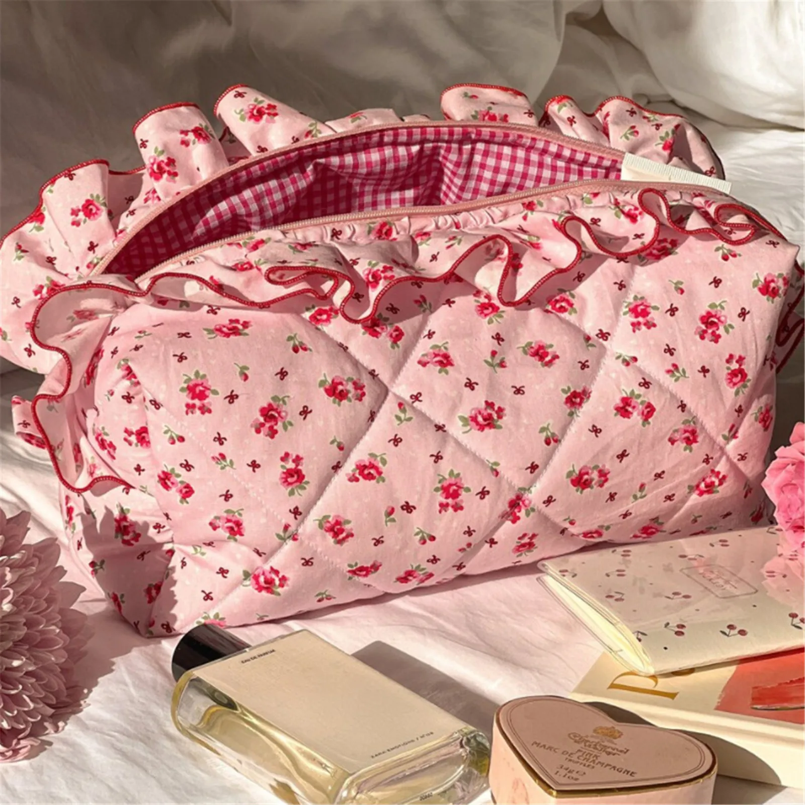 Women Ruffle Floral Cosmetic Bag Zipper Wash Bag Makeup Organizer Large Capacity Storage Bag Travel Toiletry Bag Pencil Case