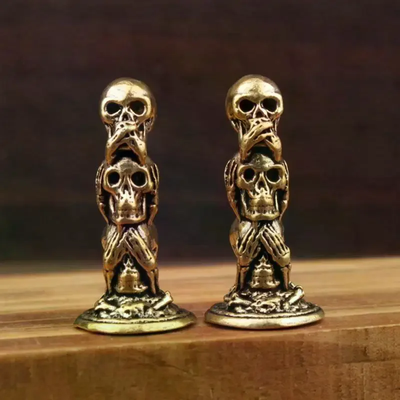 1PC Brass Three Layers Skull Heads Small Statue Desktop Decorations Vintage Punk Miniatures Figurines Home Decors Ornaments