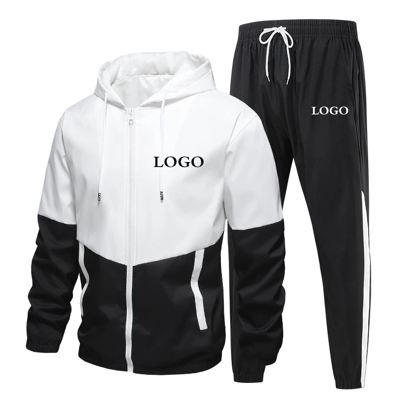 Custom Your Logo Men\'s Tracksuit 2 Pieces Sports Set Jogging and Hoodies Long Sleeve Coat Zip Up Patchwork Clothing