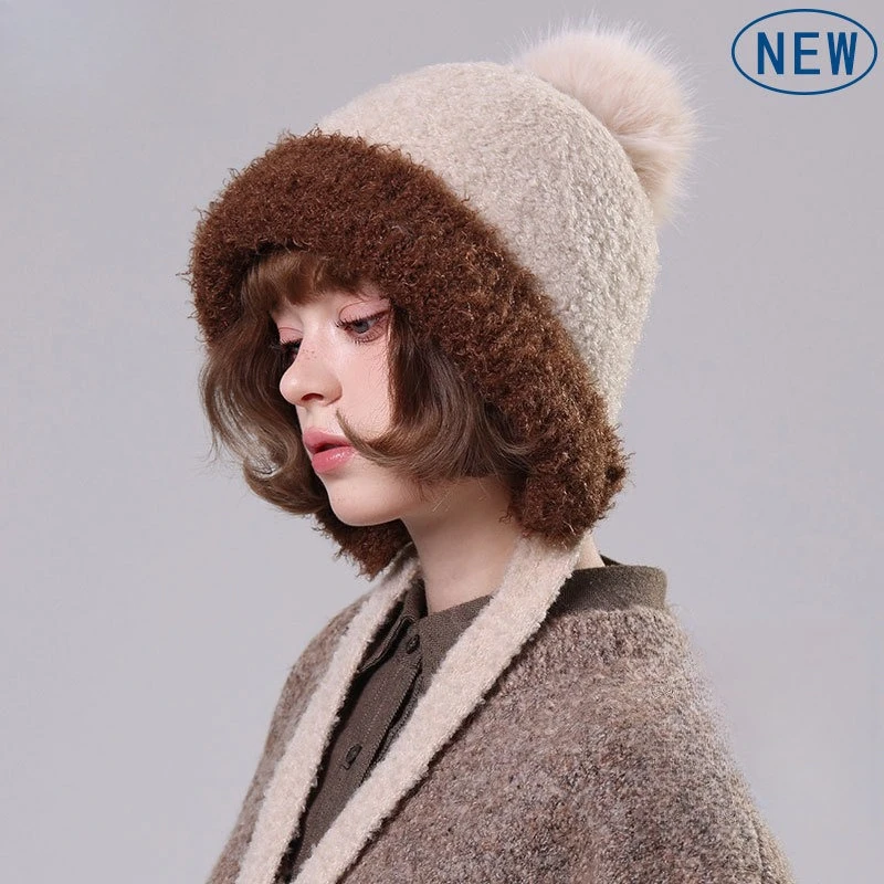 Winter Color Matching Flanged Lace-up Knitted Hat Girls Outdoor Double-layer Warm Wool Hat Winter Fashion Women's Hat