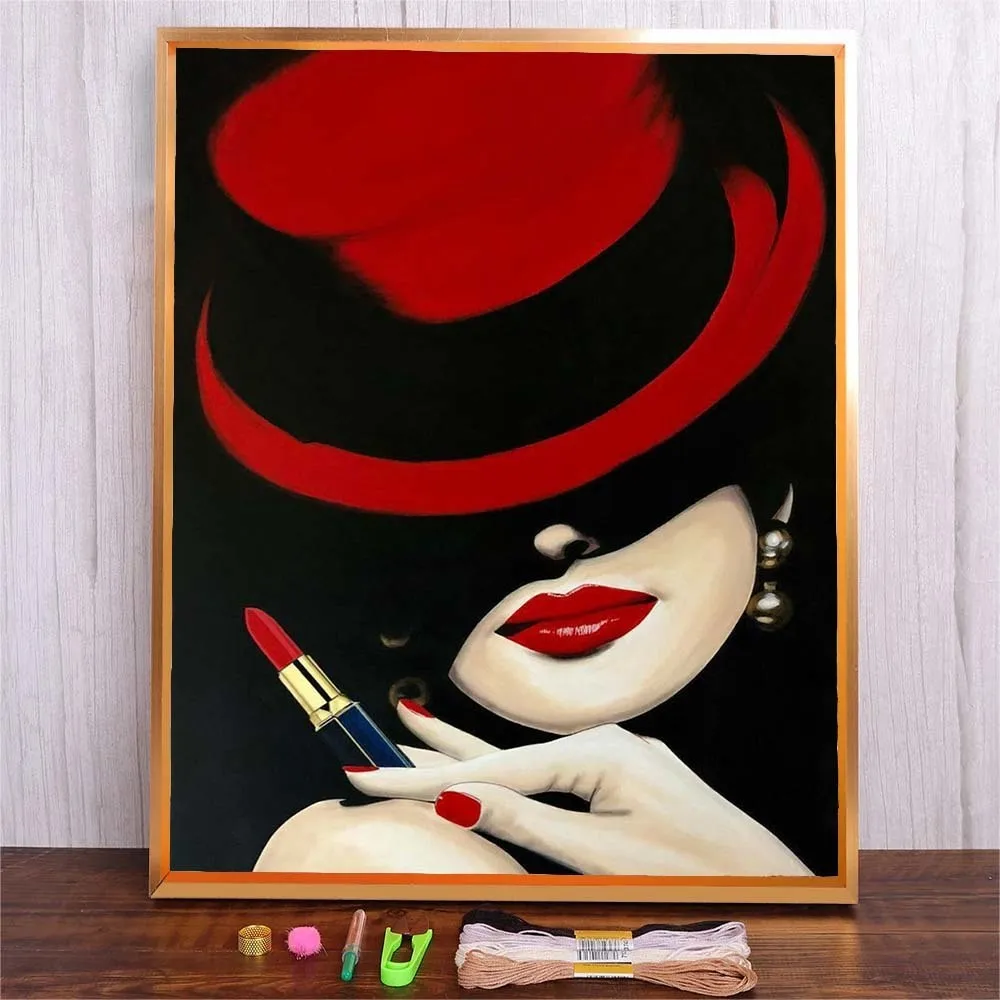 

DIY Handmade Needlework Crafts Gift For Handicraft Red Lip Women Printed Embroidery Full Pattern Canvas Cross Stitch For Bedroom