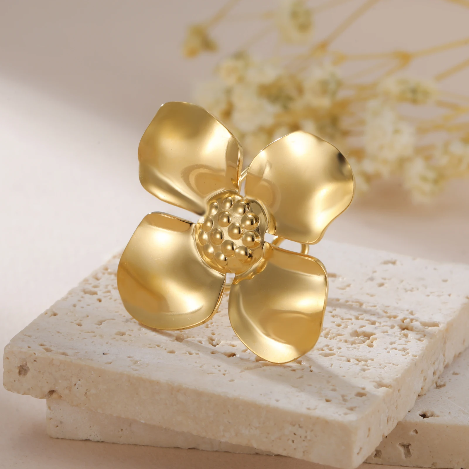 COOLTIME Mode Blumenring für Frauen Edelstahl Gold Farbe Gardenia Kamelie Blume Offener Ring Schmuck Geschenk Neu – Detail 11
