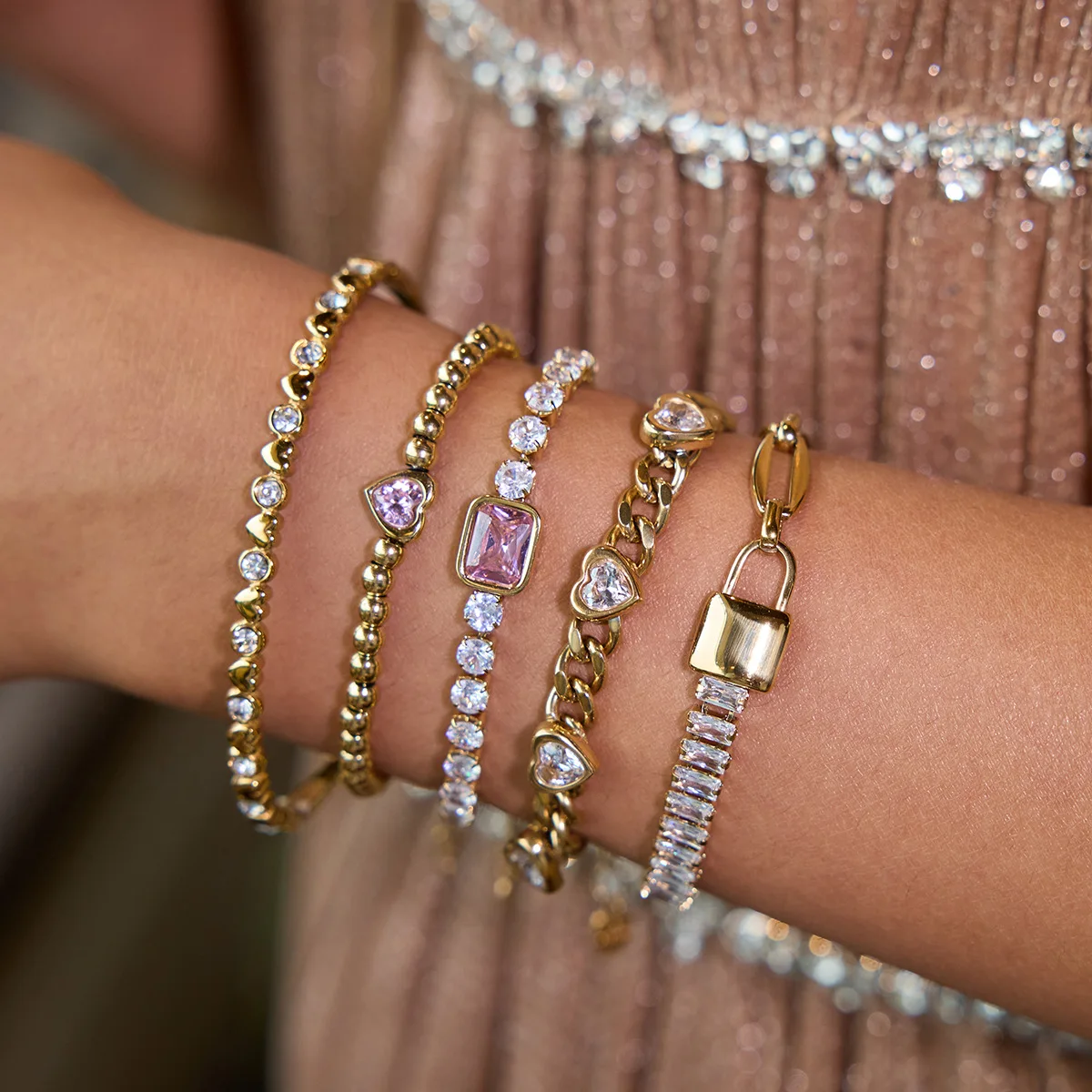 

Fashion Pink Square Zircon Bracelet 18K Gold Color Plated Stainless Steel Lock Chain Stackable Bracelet Women's Accessori