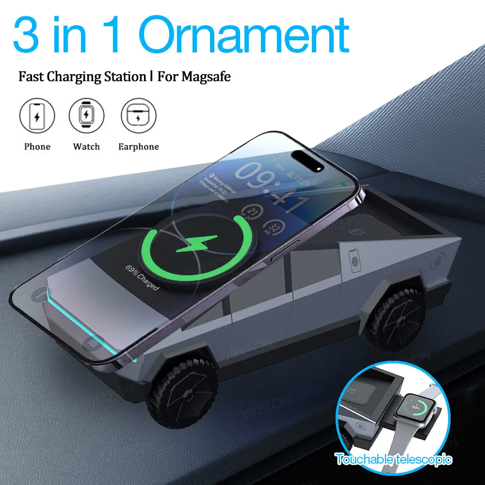 

Car Vehicle Dashboard Ornament 3 in 1 Wireless Charging Stand for Phone Earphone for Apple & Samsung Galaxy Watch Car Decoration