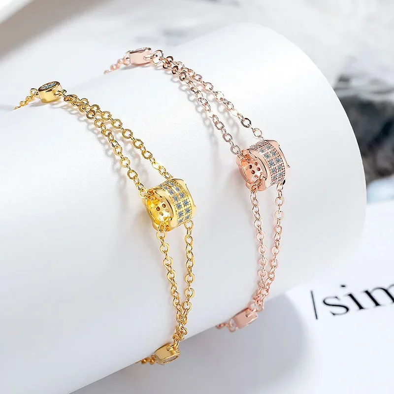 925 Silver Zircon Bilayer Round Adjustable Bracelets for Women Fine Jewelry Minimalist Accessories Party Present