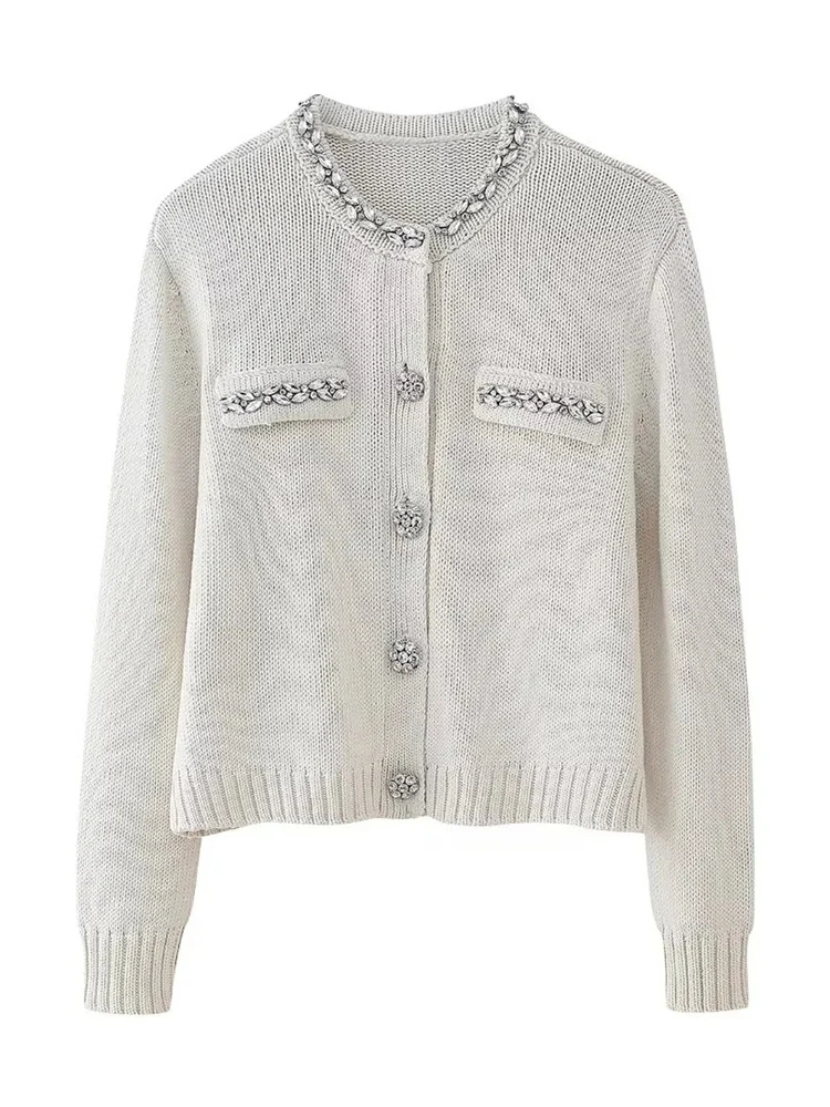 Stylish Lady Fashion Diamonds decoration White Knitted Cardigan Outwear Womens Casual Single Breasted O-Neck Short Sweater