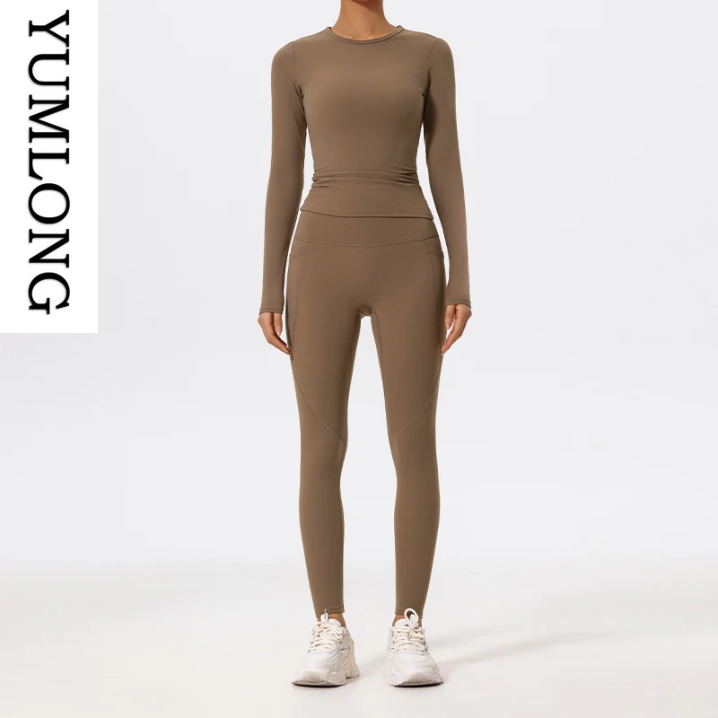 Женский комплект для йоги, комплект из 2 предметов, ультра-мягкий дышащий спортивный костюм с длинными рукавами, быстросохнущая спортивная одежда, спортивная одежда, плотный спортивный костюм для йоги, 2025