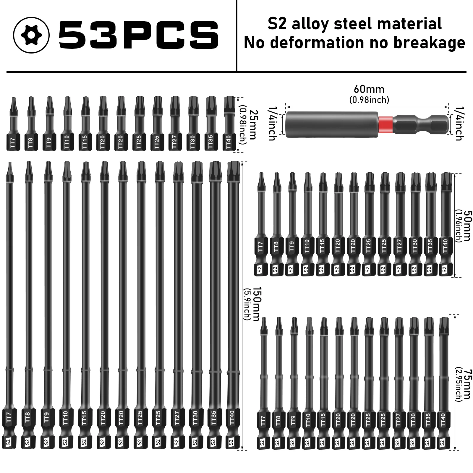 

52 шт. Набор отверток Torx, ударопрочный от TT7 до TT40, длина 25-150 мм, шестигранный хвостовик 1/4 дюйма, бита из легированной стали S2 для ремонта автомобилей