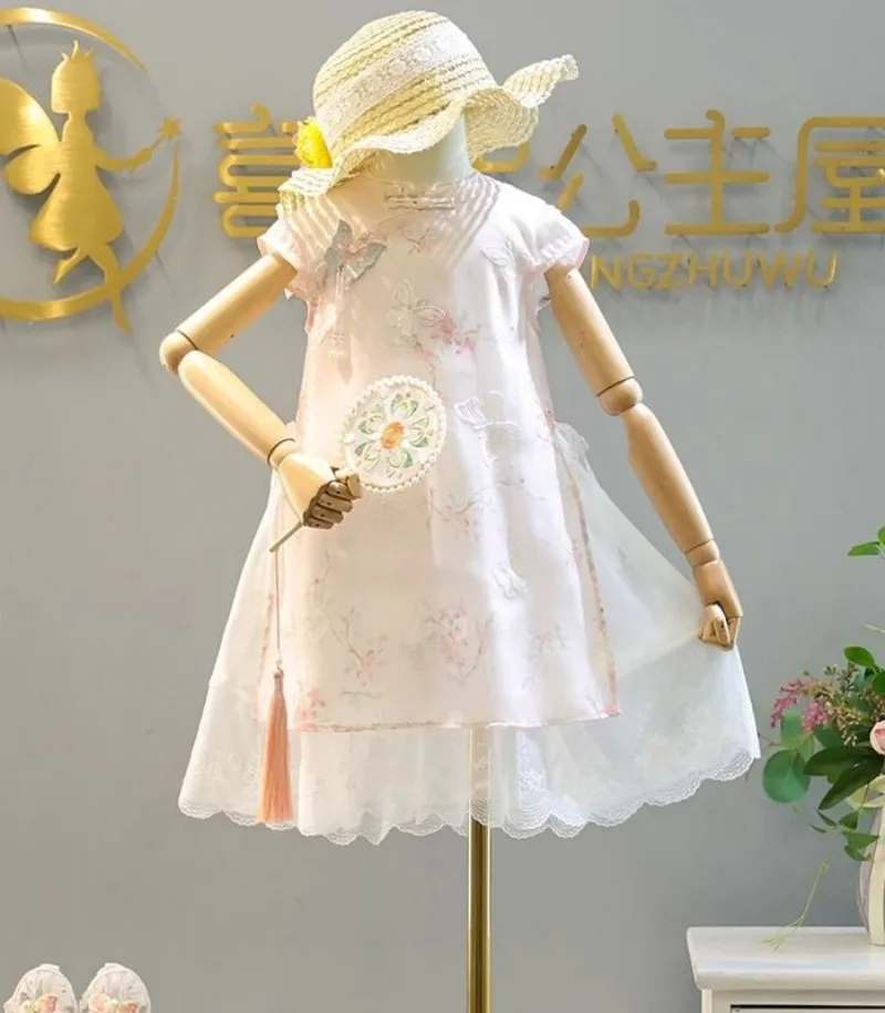 

Teenage girls' cheongsam dress summer new style Chinese children's short sleeved lace dress
