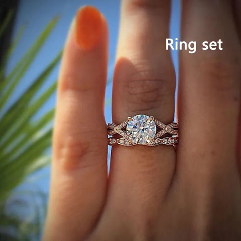 S925 silver new micro-inlaid zircon-plated 14k rose gold set ring, round diamond engagement ring.