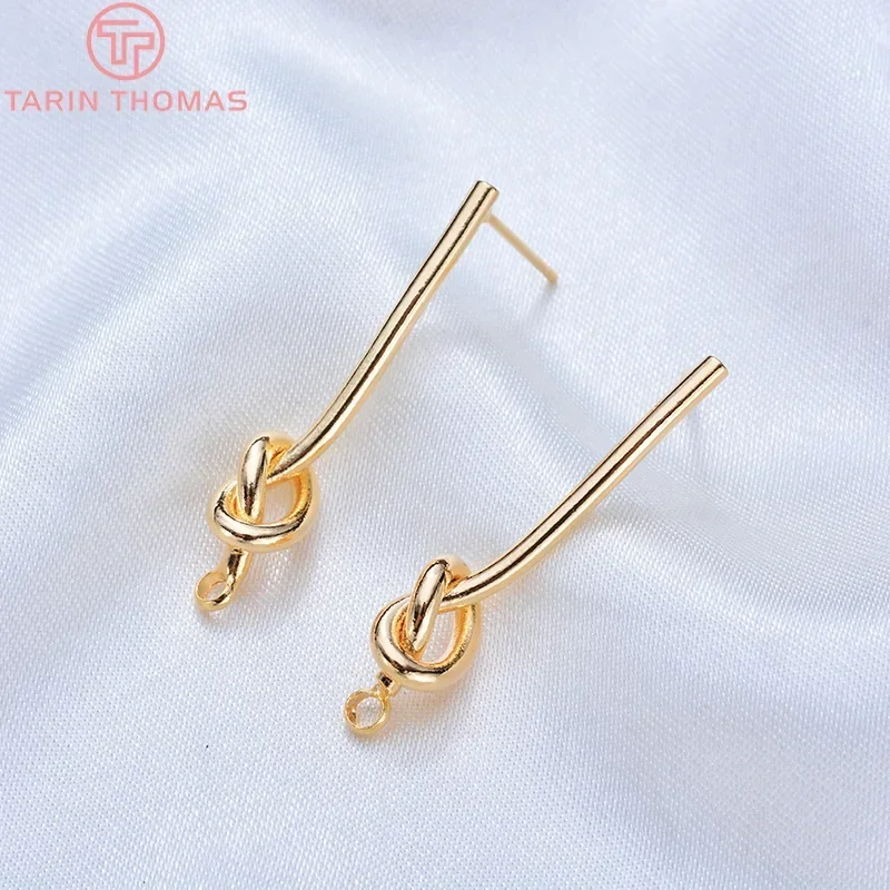 (3781)4PCS 27MM 35MM 24K Gold Color Plated Brass Long Line with Knot Stud Earrings High Quality DIY Jewelry Making Findings