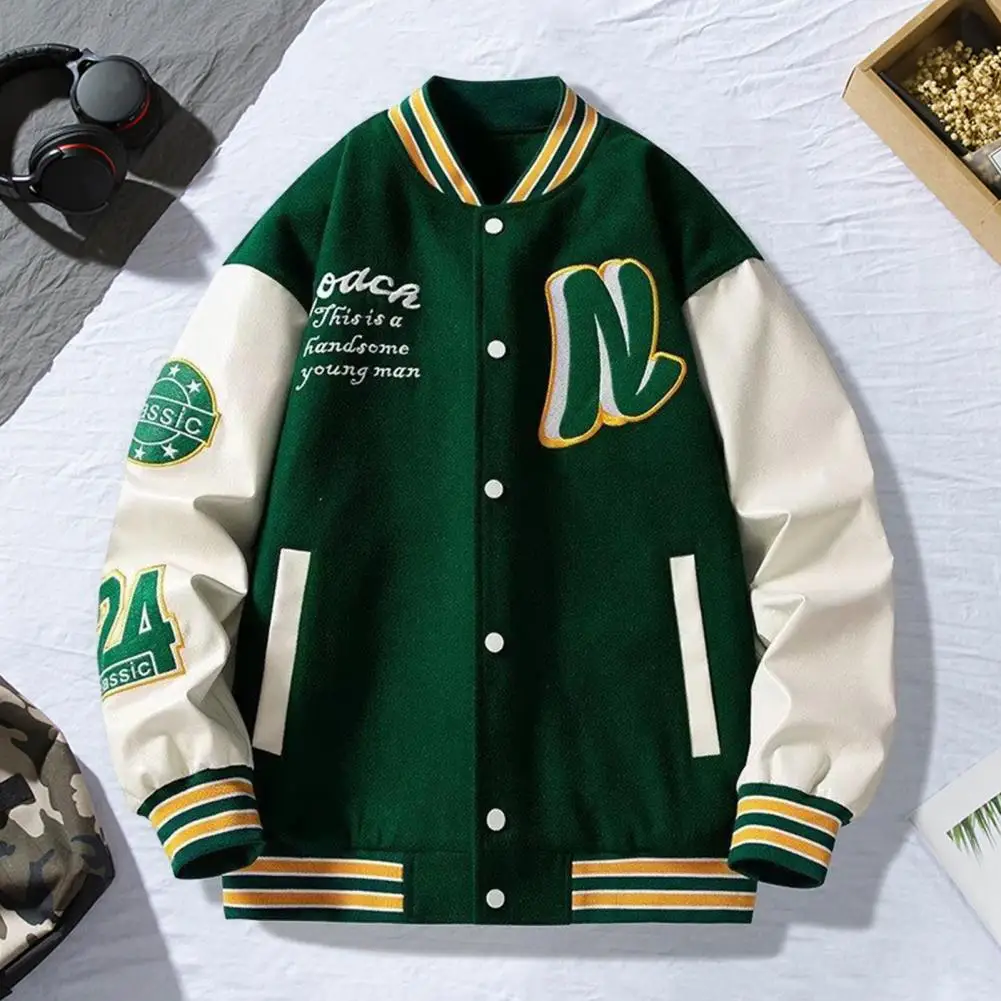 

Men Baseball Jacket Men's Stand Collar Striped Letter Pattern Cardigan Coat with Pockets Long Sleeve Baseball Jacket for Winter