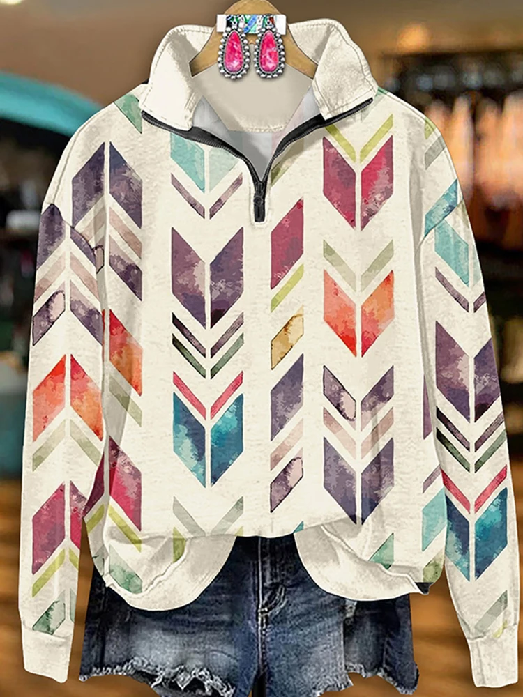 Retro Western Aztec Arrow Print Zip-Up Sweatshirt