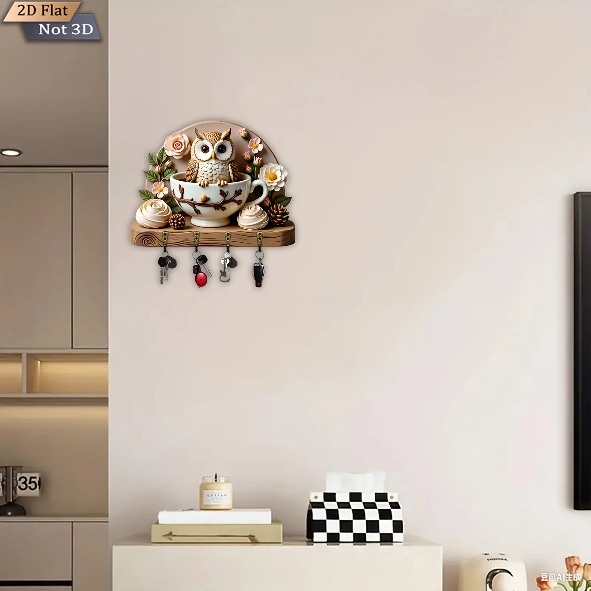 2D Flat, 1pc, Owl Teacup Floral Theme Key Hook, Wooden Multifunctional Home Key Holder with Four Metal Hooks, Suitable for Wall view 5