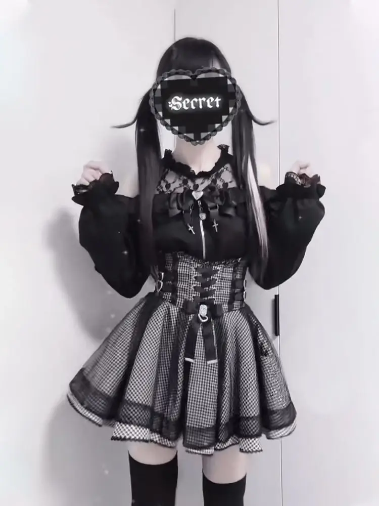 Осенний новый японский комплект из 2 предметов Darkly, женский дизайн, готические милые кружевные футболки с длинными рукавами, модная ретро клетчатая короткая юбка с бантом