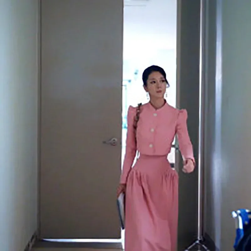 25 kpop Seo Sì Ji stessa moda estiva nuova camicia corta a maniche lunghe rosa top sciolto elegante gonna a vita alta set da due pezzi da donna
