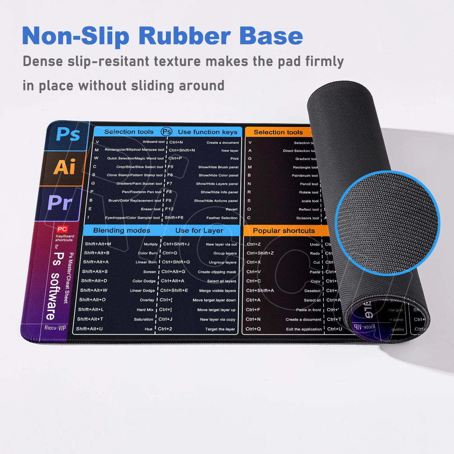 لوحة ماوس Riccu مقصوصة متعددة الحجم لبرنامج Ps Ai Pr Office Cheat Sheet لوحة المفاتيح لوحة المفاتيح ألعاب Deskmat المطاط المضاد للانزلاق