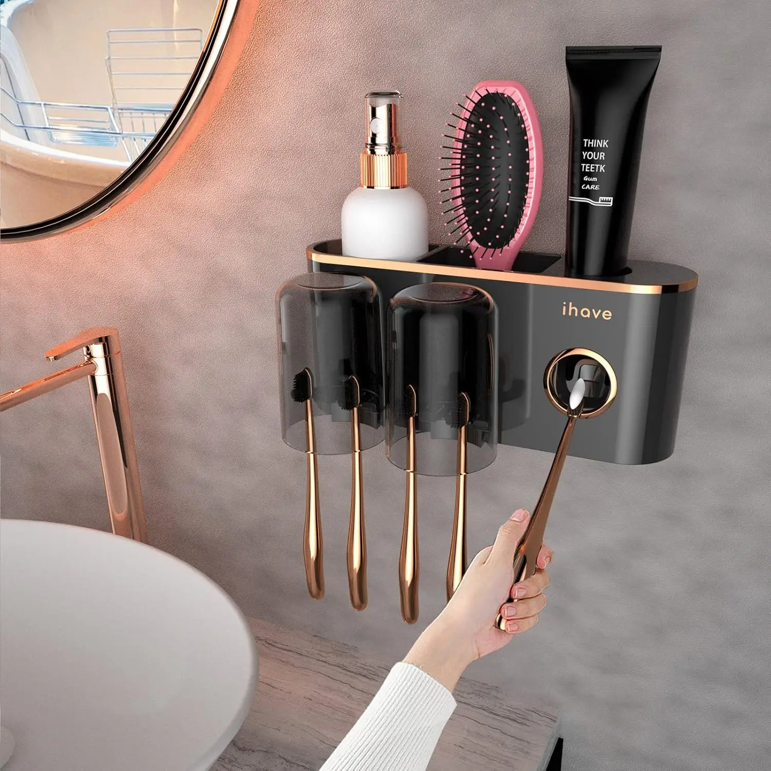 

Wall Mounted Toothbrush Holder with Toothpaste Dispenser and 2 Cups, Bathroom Accessories Decor