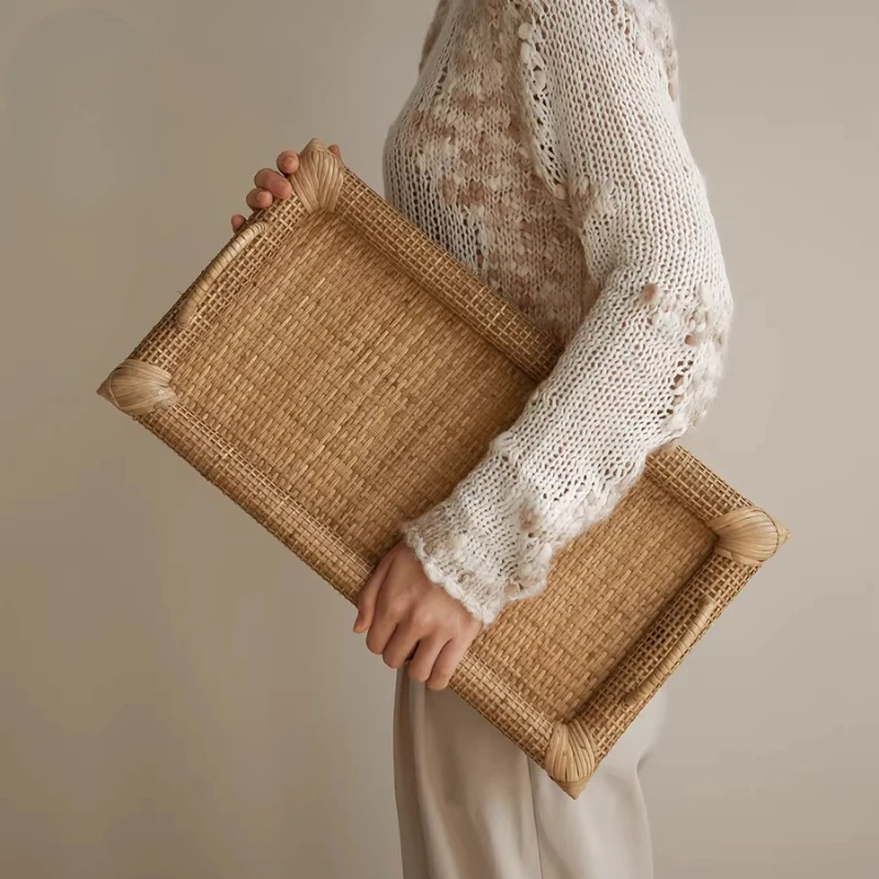 Vintage Rattan Storage Trays Mid-Century Ceremonial Serving Platter Rectangular Tea Room Decor Artistic Coffee Table DisplayTray