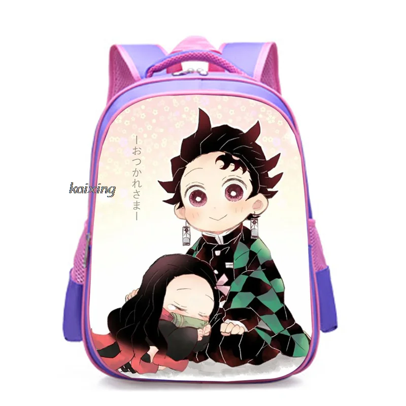 Moda 14 cali Mochila Kpop Anime pogromca demonów torby szkolne dla dziewczynek chłopców ortopedyczna plecaki na ramię Mochila Infantil Purple