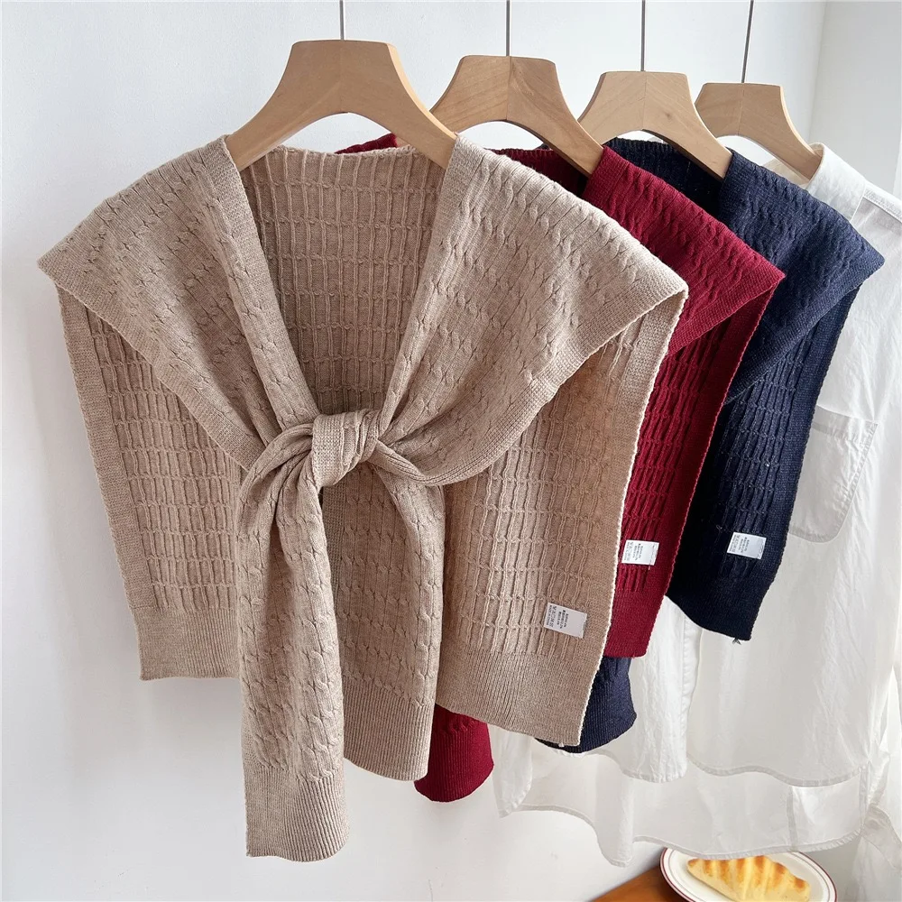 

Korean Plain Basic Geometric Plaid Knitted Warm Shawl Winter Female Blouse Shoulders Fake Collar Cape Knotted Scarf Outerwear