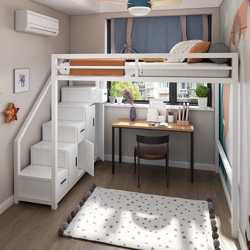 Nordic wrought iron multi-functional elevated bed small apartment bedroom on the bed and under the table