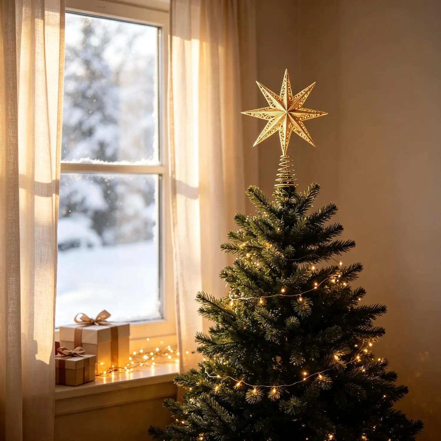GAOMON Golden Hollow Star Christmas Tree Topper, Reflective Metal Decor