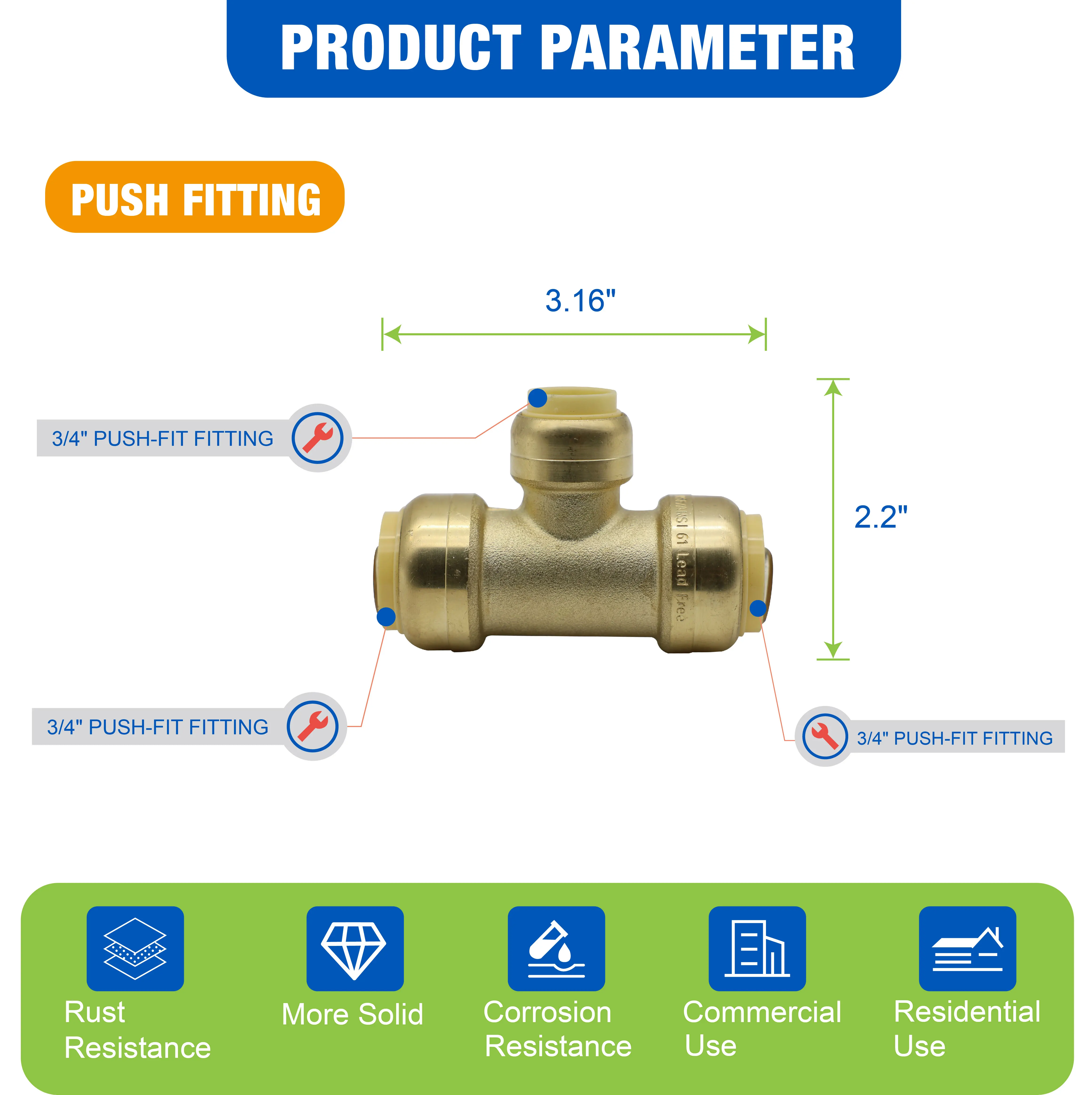 KING SMART 3/4" Push Fit * 3/4" Push Fit * 3/4" Push Fit Tee; 2 unidades/caja; 80510