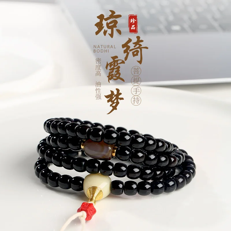 菩提根ブラックゴールドストレートドラムブレスレット-108-メンズ仏教数珠ネックレス