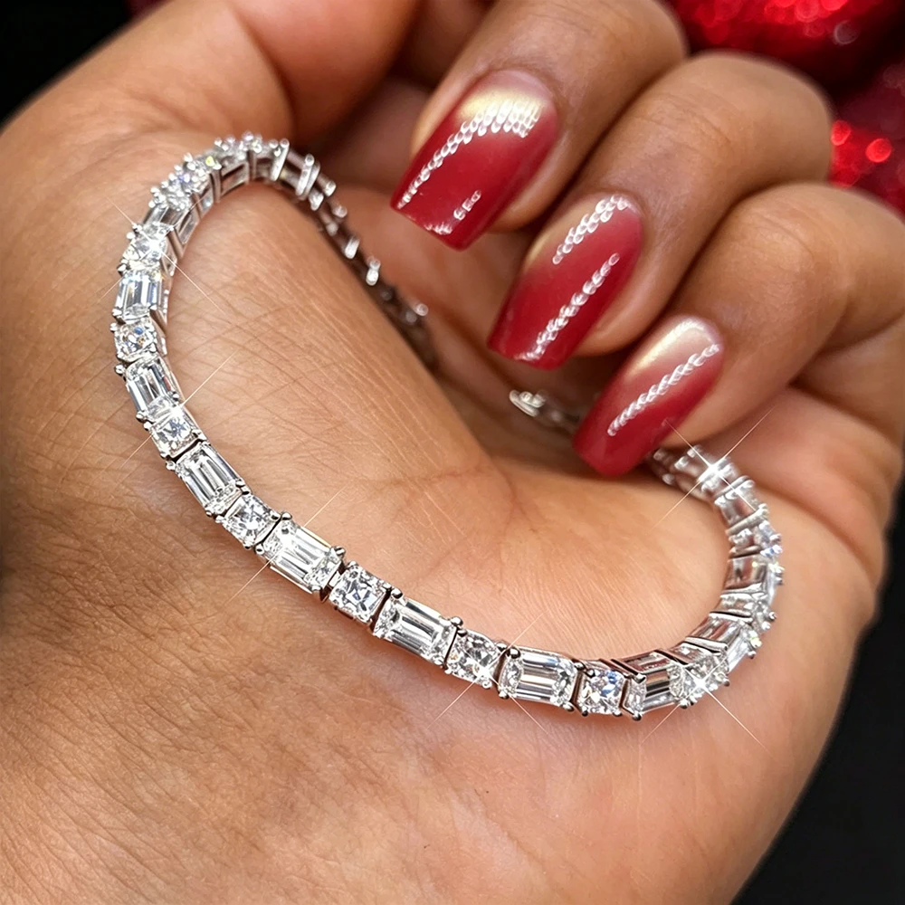 Emerald Asscher Full Moissanite Diamond Bracelet 18k White Gold Plated Bracelet Anniversary Gift for Women Wedding Party Jewelry