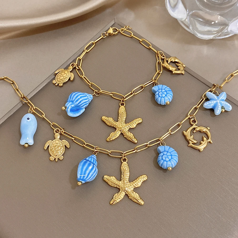 Chic Gold Plated Stainless Steel Bracelet Necklace Delicate Seashells Sea Snails Starfish Charms Bracelets Necklaces Jewelry Set