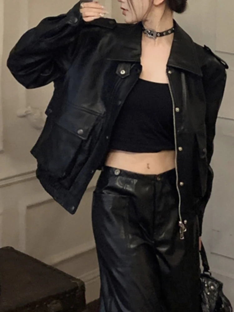 Punk Streetwear Black Leather Jacket Women Winter Casual Moto Biker Zipper Leather Jacket Fashion Trench High Street Faux Coat