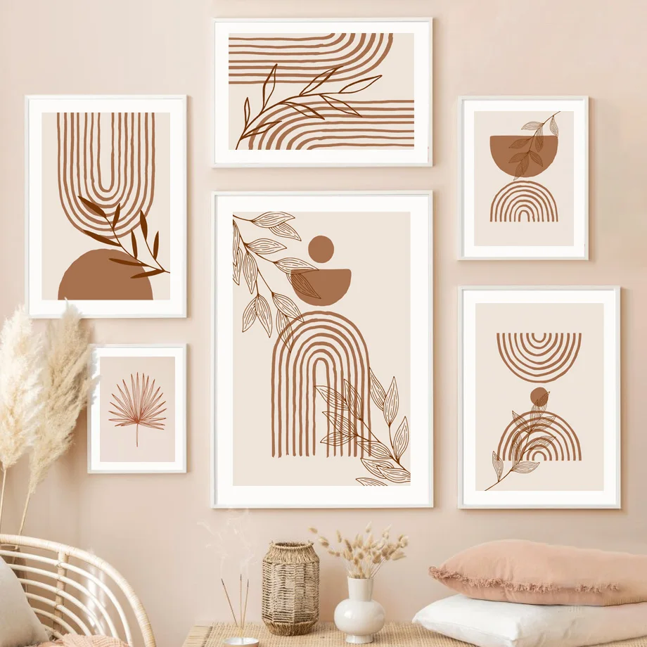 Frameless canvas paintings,Boho Line Leaf Rainbow Geometry Gallery Wall Art Canvas Painting Nordic Abstract Posters & Prints Pic