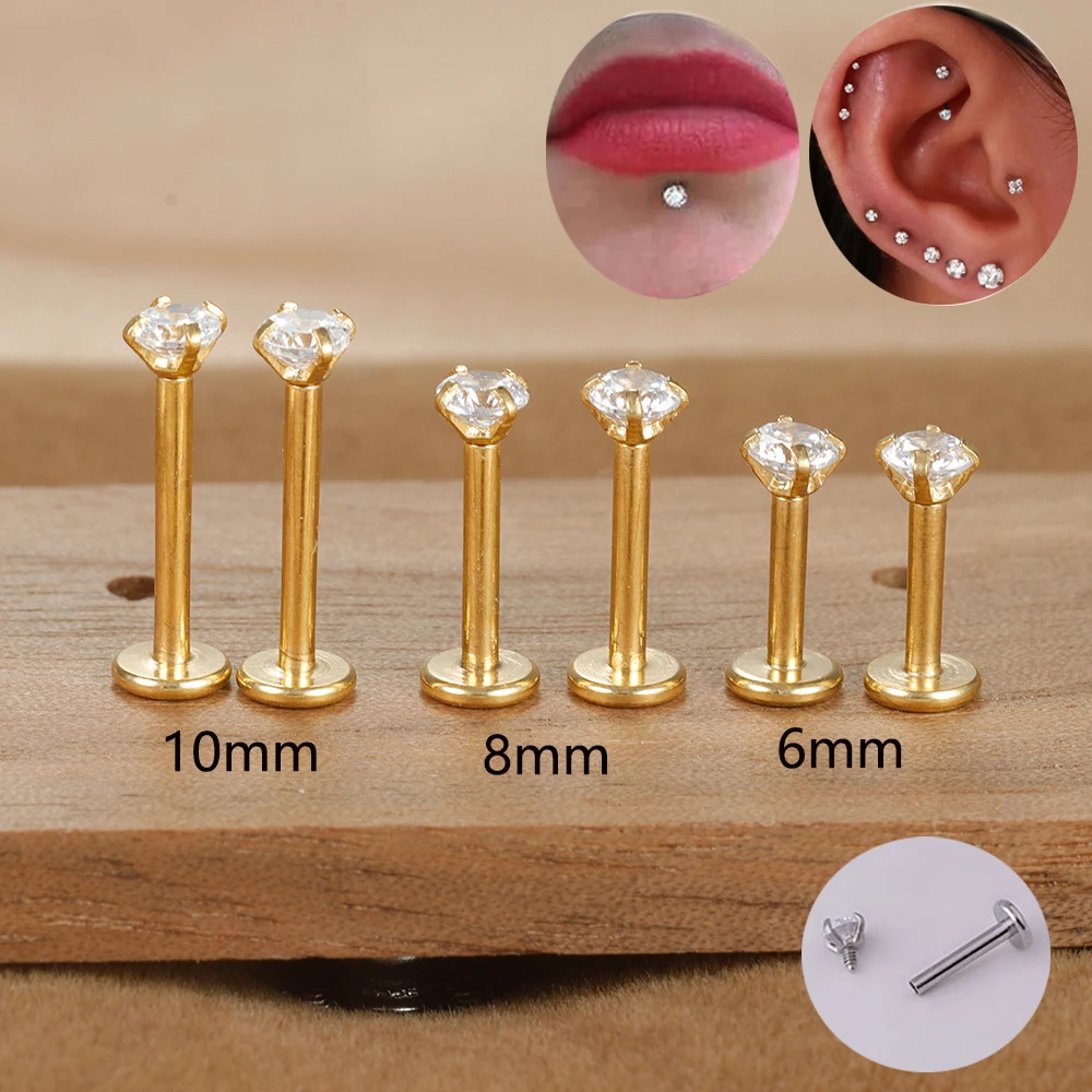 Piercing Labret de acero inoxidable para labio, pendientes de cartílago, bola de cristal, Monroe, labio, hélice, Tragus, Conch, joyería corporal, 2 piezas