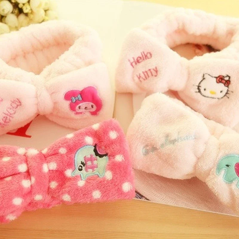 Hello Kitty Wash Face Hair Holder Hairbands Soft Warm Coral Fleece Bow Headband For Women Girls Turban Fashion Hair Accessories