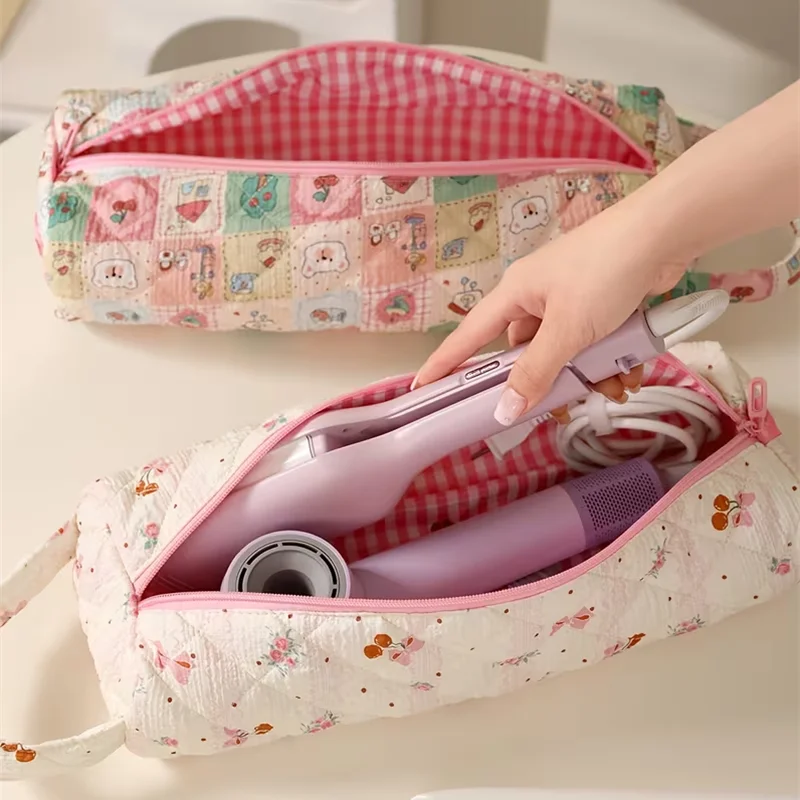 

Hair Tool Organizer Bag Quilting Cotton Hair Dryer Tools Storage Bag with Handle Large Capacity Hairdressing Tools Storage Case