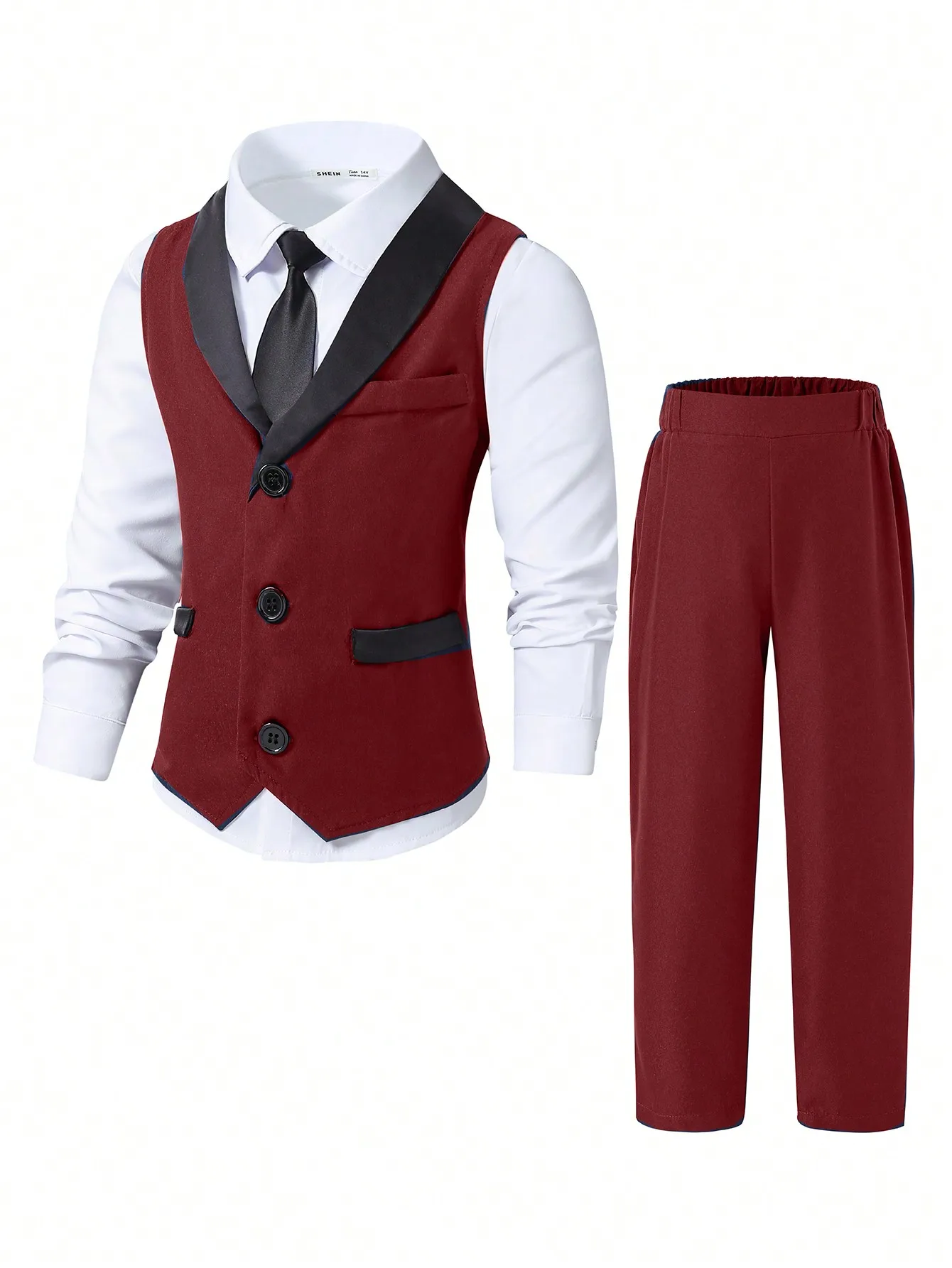 

Комплект из 2 предметов: формальный костюм для мальчиков — бордовый жилет с черными лацканами и брюки в тон.