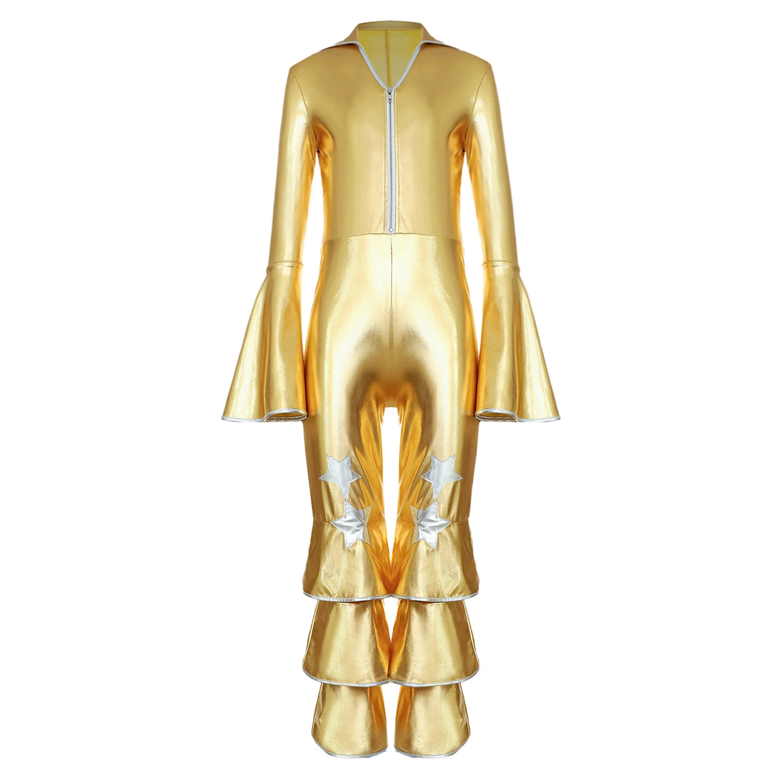 Kids Girls 70s Disco Dance Costume Metallic Shiny Flare Sleeve Ruffle Bell Bottom Vintage Jumpsuit Halloween Retro Cosplay Party