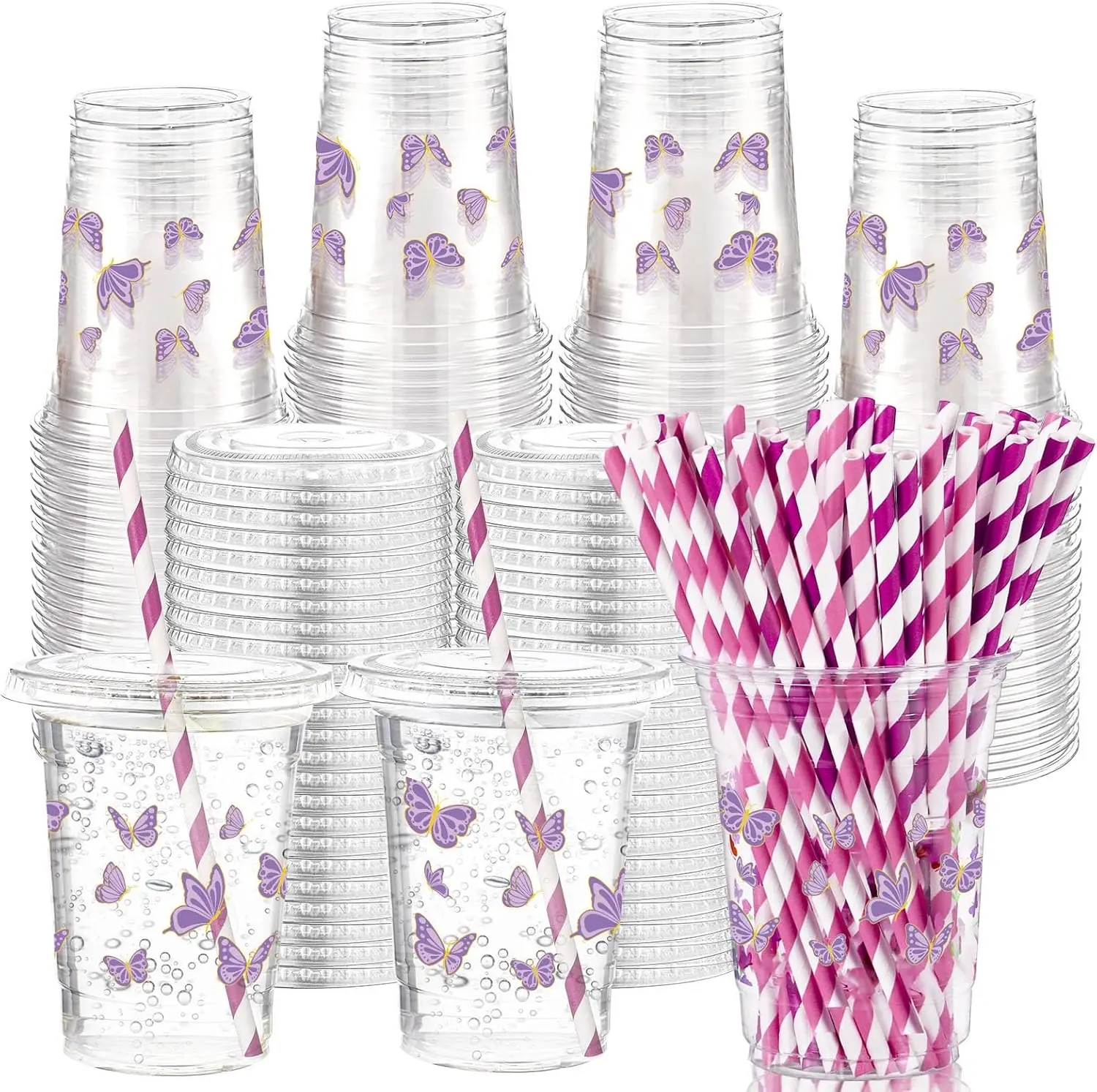 

150 Pcs Purple Butterfly Plastic Cups Set 50 Pcs 16 oz Butterfly Clear Disposable Cups with 50 Lids and 50 Paper Straws