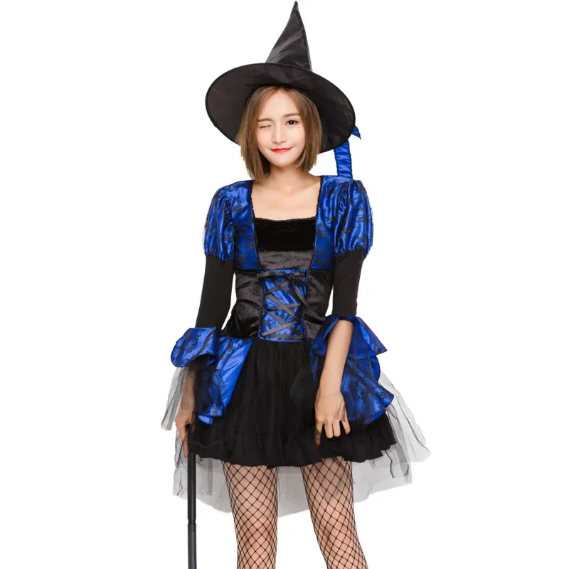 Fantrenfor- Costume de Sorcière Imprimé Bleu et Noir pour Femme, Cosplay d'Halloween, Pourim, Carnaval, ix, Jeu Trempé