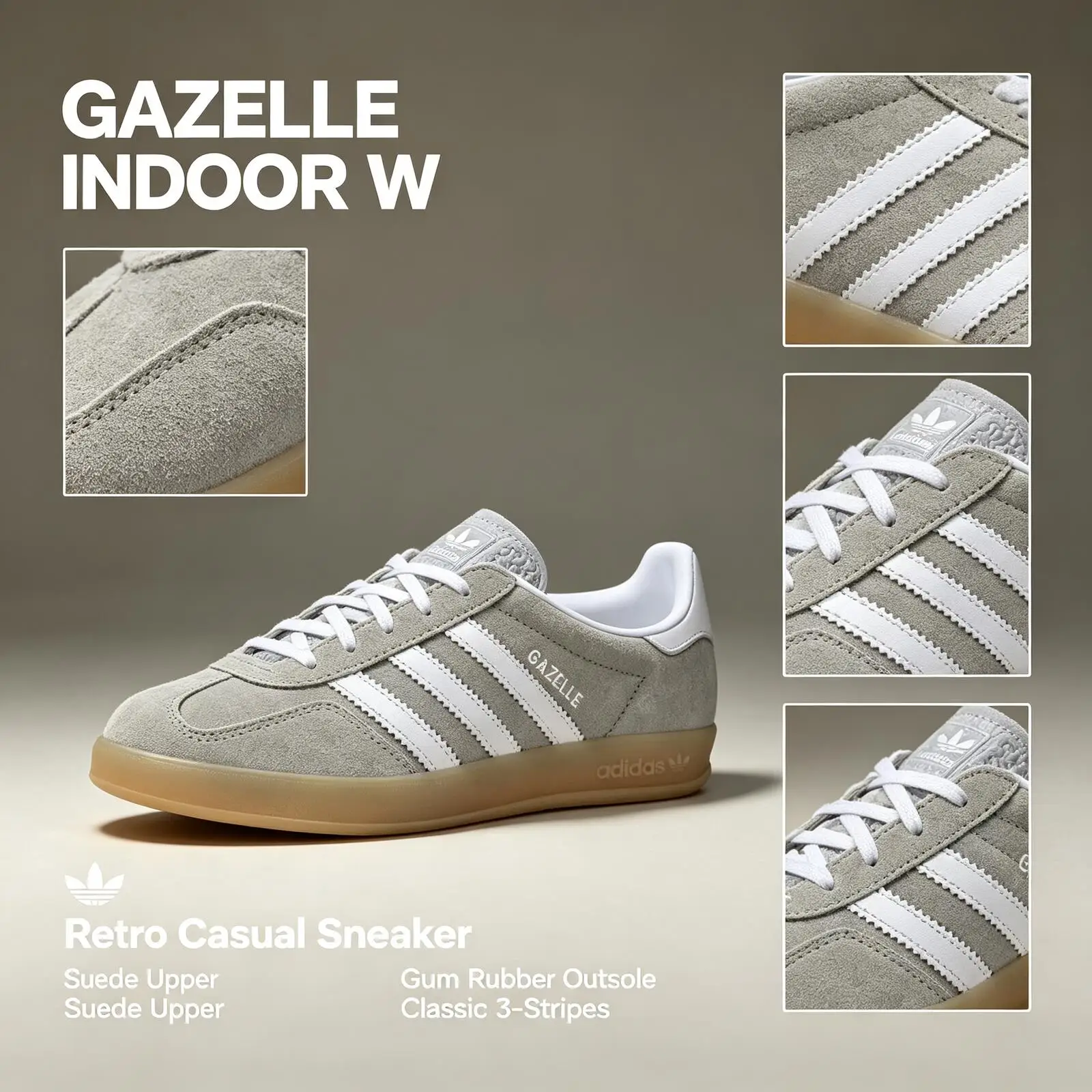 Adidas GAZELLE  INDOOR W JQ7008 Originals Textile, Split Cow Leather Low Top Skateboard Shoes Gray Wear-Resistant T-Toe Sneakers