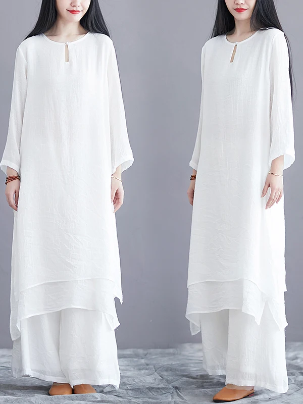

Large Size Wide Leg Pants Cotton Linen Two Piece Set Women's Ethnic Style Long Pants Zen Tea Costume Linen Suit Spring Summer