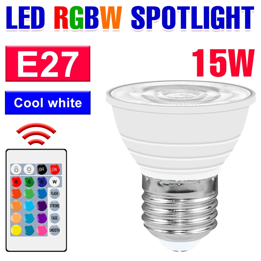 15W RGB LED-lamp E27 slimme lamp E14 IR-afstandsbediening dimbaar kleurrijke spotlight GU10 voor thuissfeer decor MR16 neonlicht